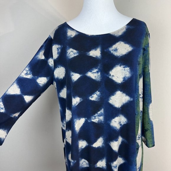 Clara Sun Woo Top Small Blue Green Gray Artsy Pattern Jersey Stretch 3/4 Sleeve - Picture 2 of 10